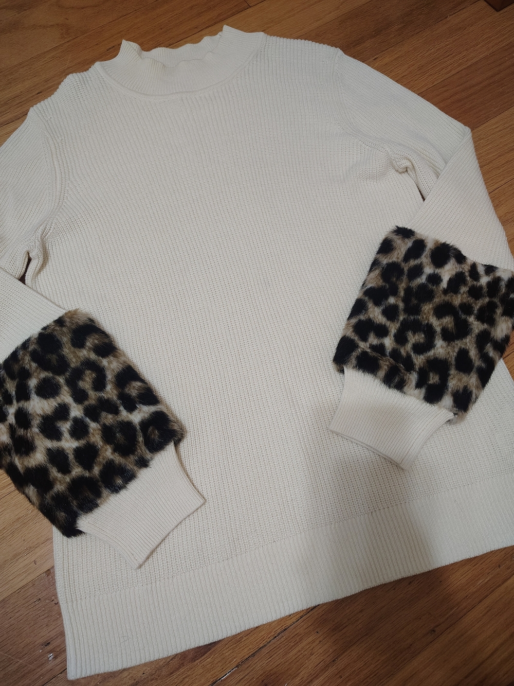 Michael Kors Cream Knit Turtleneck Sweater with Leopard Faux-Fur Cuffs